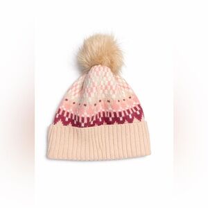Time and Tru Pink Fair Isle Pom Beanie with Faux Fur Pom
